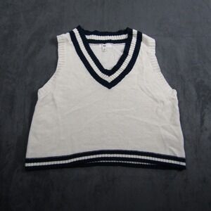 BP Sweater Vest Women Small White Navy Blue V-Neck Varsity Stripe Knit Cropped